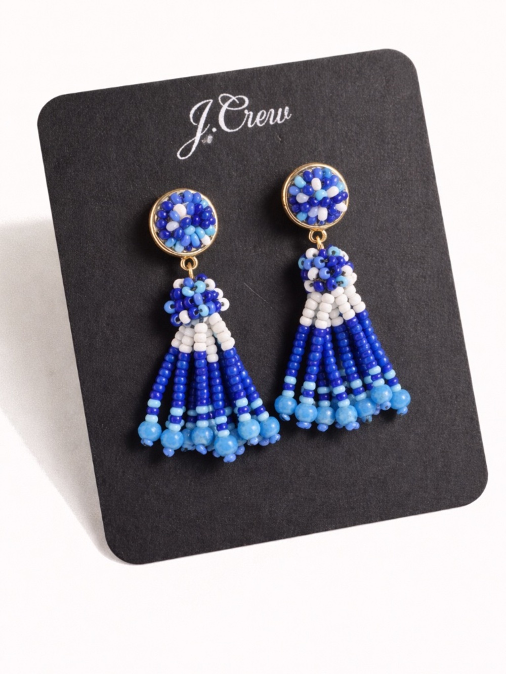 J.Crew Blue Beaded Tassel Earrings Statement Coastal Resort NWT